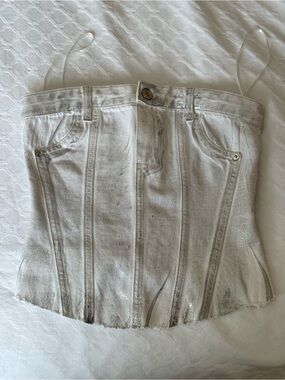 Zara White Denim Corset Top with Subtle Distressing